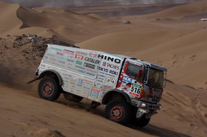 Krajinu vych&aacute;dzaj&uacute;ceho slnka reprezentuje aj toto kompaktn&eacute; a obratn&eacute; Hino. Japonec Teruhito Sugawara je s n&iacute;m zatiaľ sedemn&aacute;sty;Foto: Team Hino Sugawara (Facebook)